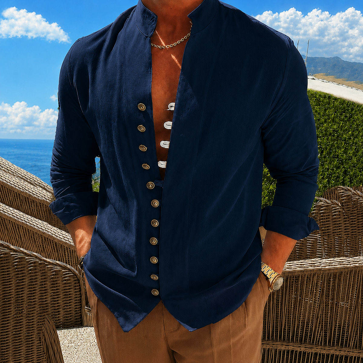Men's Casual Stand Collar Long Sleeve Shirt