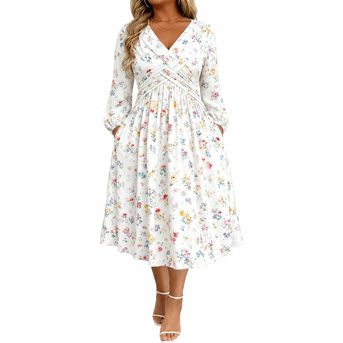 Floral V-neck dress with a twist at the waist-Long-sleeved with pockets