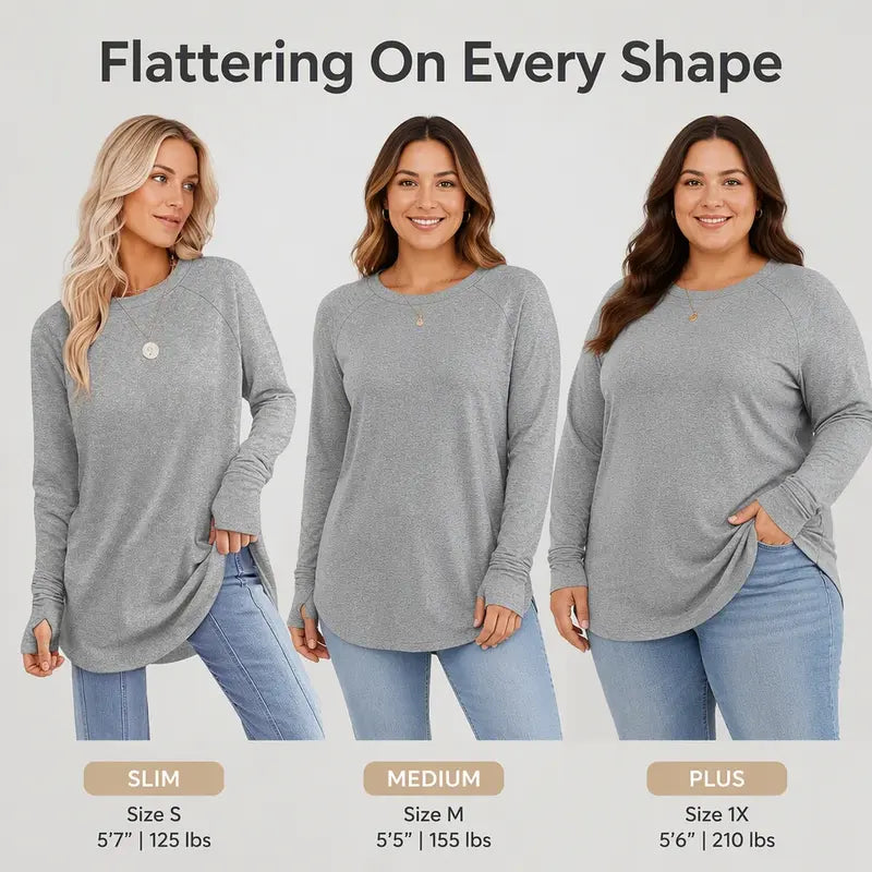 Womens Tunic Tops to Wear with Leggings Long Sleeve Thumb Crew Neck Curved Hem
