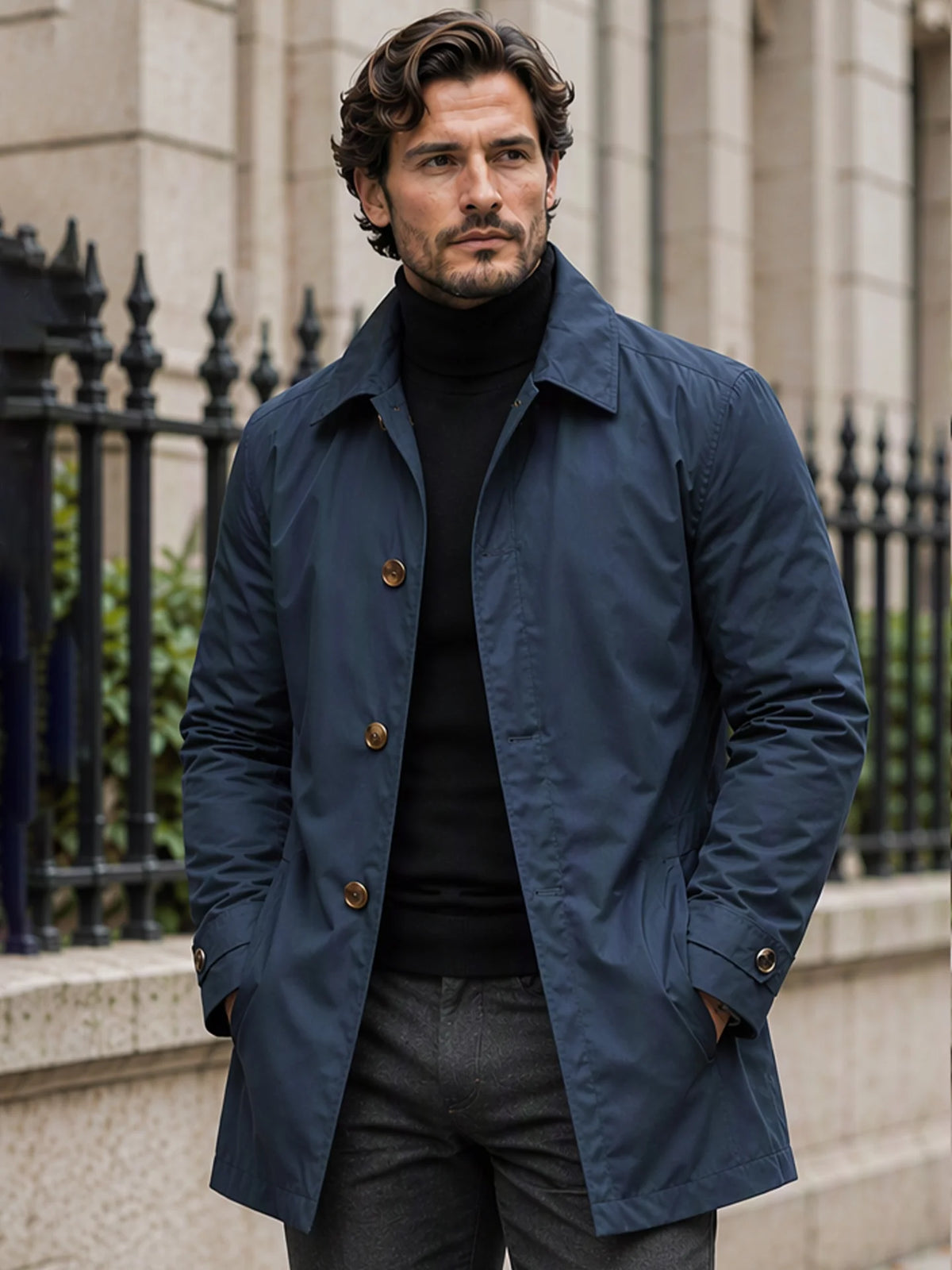 Solid Colour Shower-Resistant Mid-Length Coat