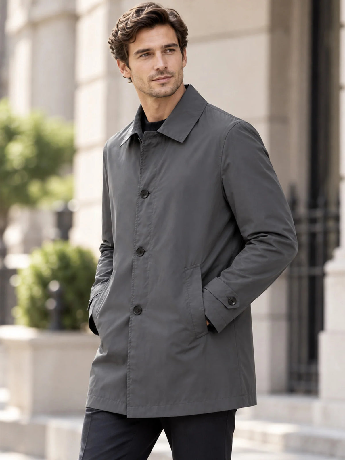 Solid Colour Shower-Resistant Mid-Length Coat