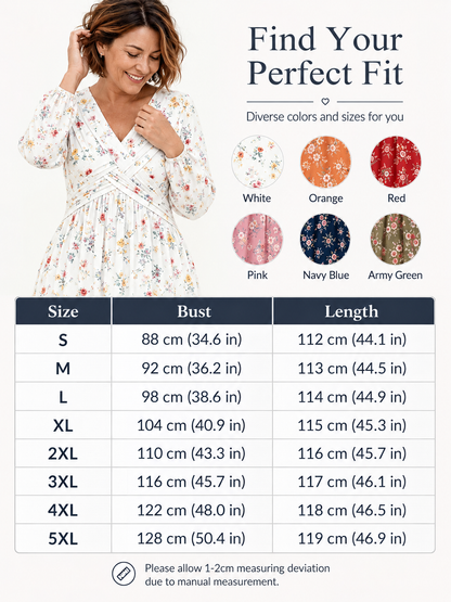 Floral V-neck dress with a twist at the waist-Long-sleeved with pockets