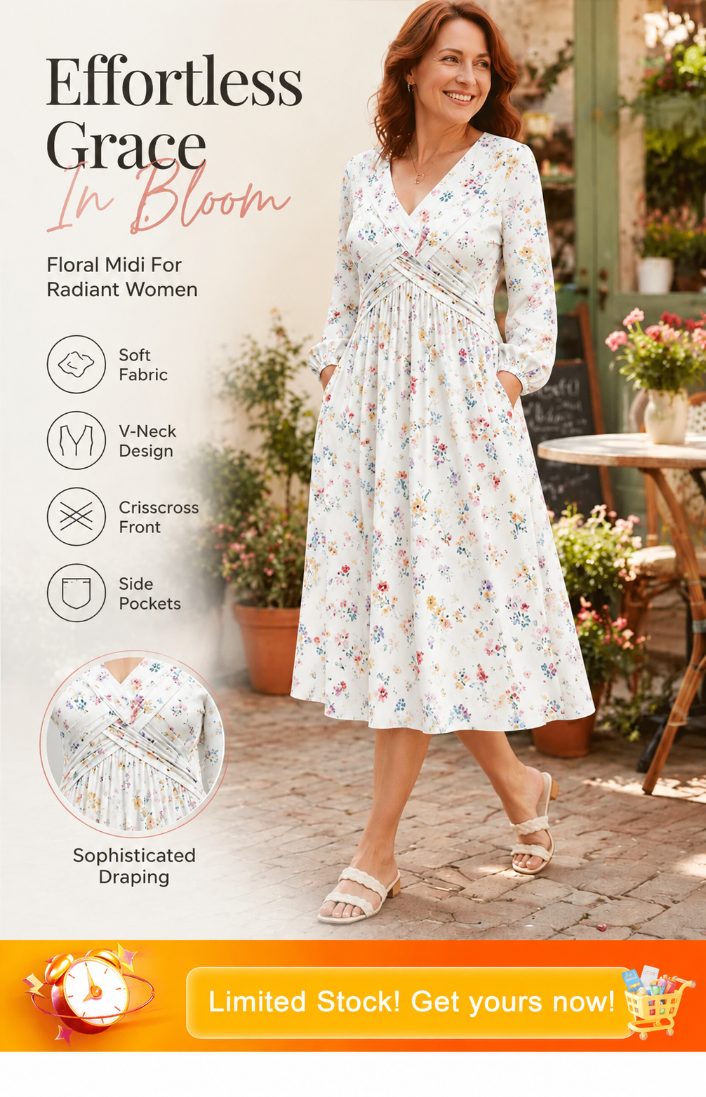 Floral V-neck dress with a twist at the waist-Long-sleeved with pockets