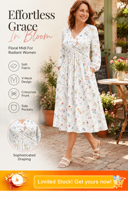 Floral V-neck dress with a twist at the waist-Long-sleeved with pockets