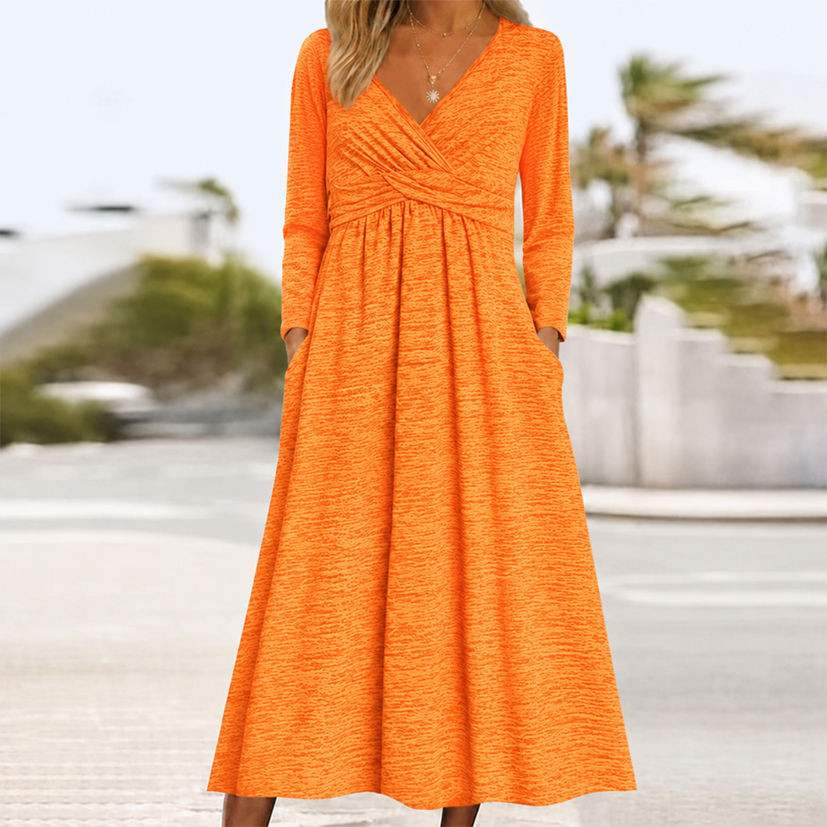 Women's Wrap V Neck Dress with Pockets