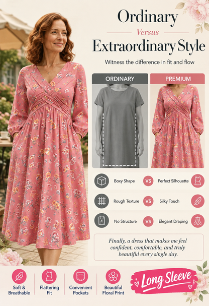 Floral V-neck dress with a twist at the waist-Long-sleeved with pockets