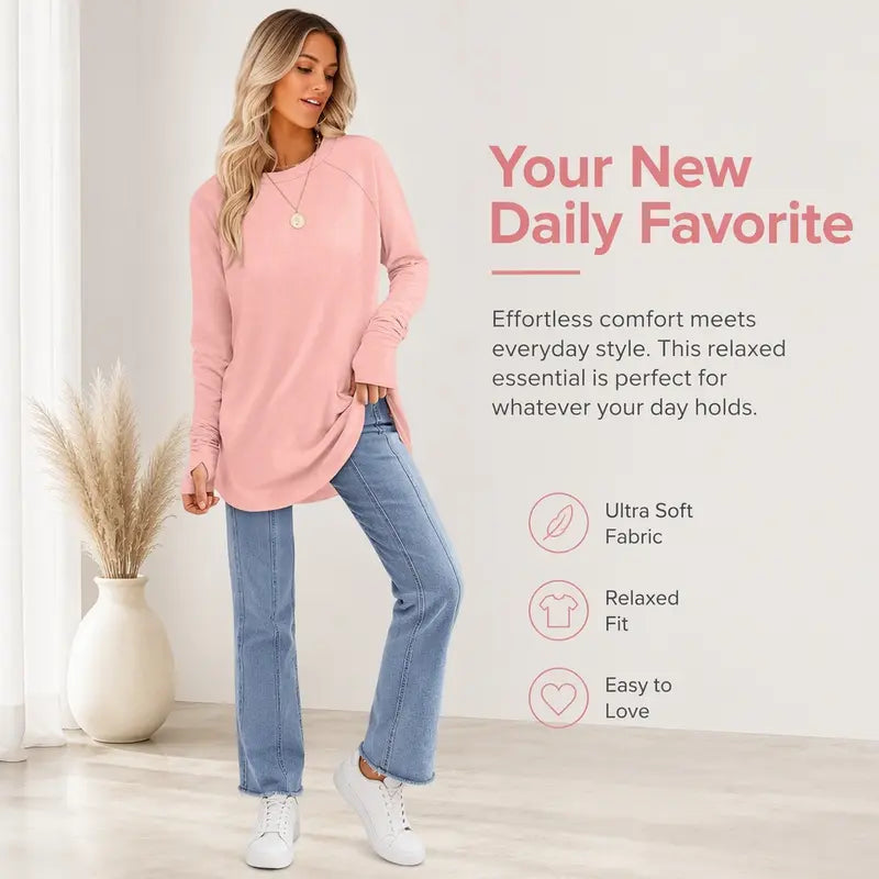 Womens Tunic Tops to Wear with Leggings Long Sleeve Thumb Crew Neck Curved Hem