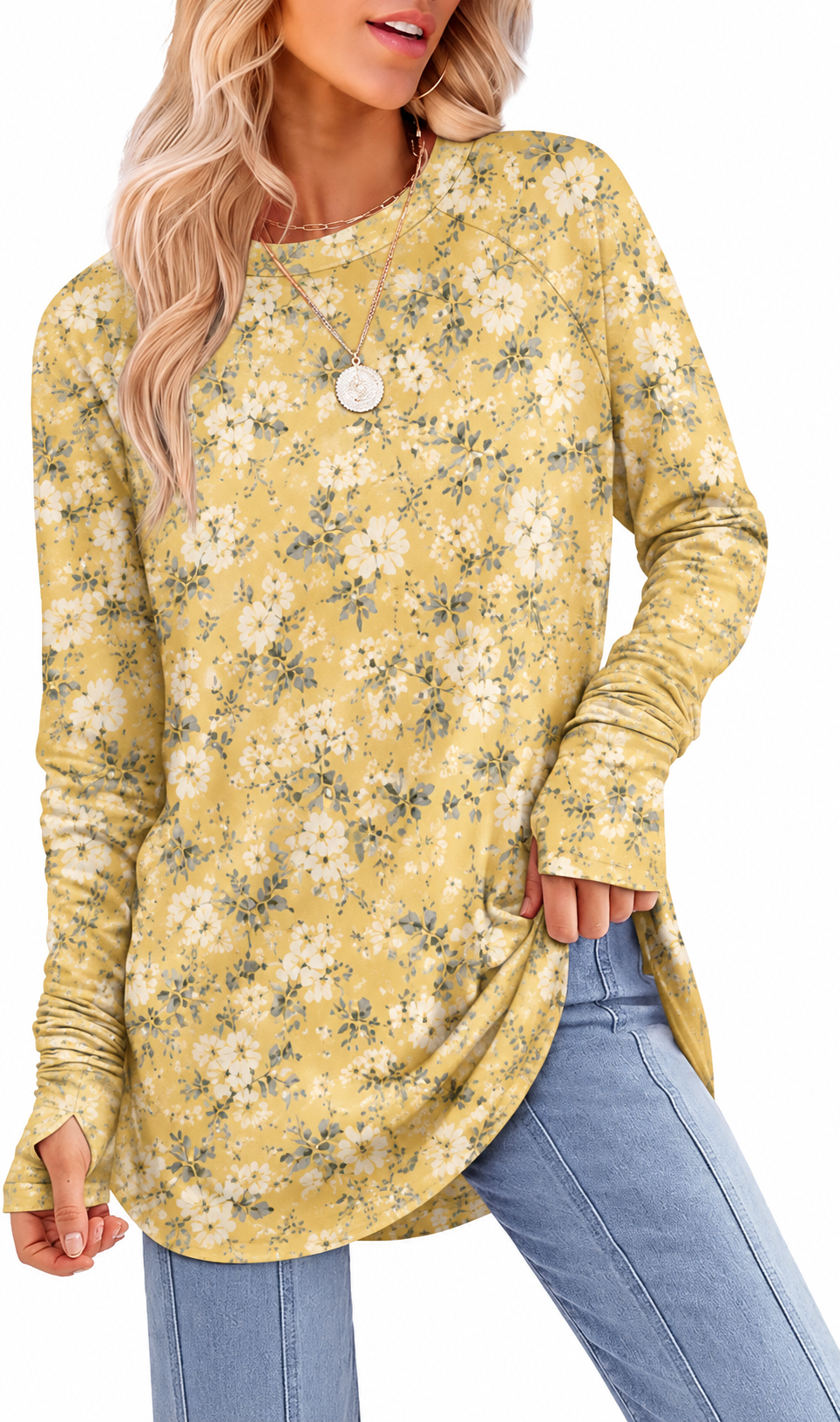Womens Tunic Tops to Wear with Leggings Long Sleeve Thumb Crew Neck Curved Hem
