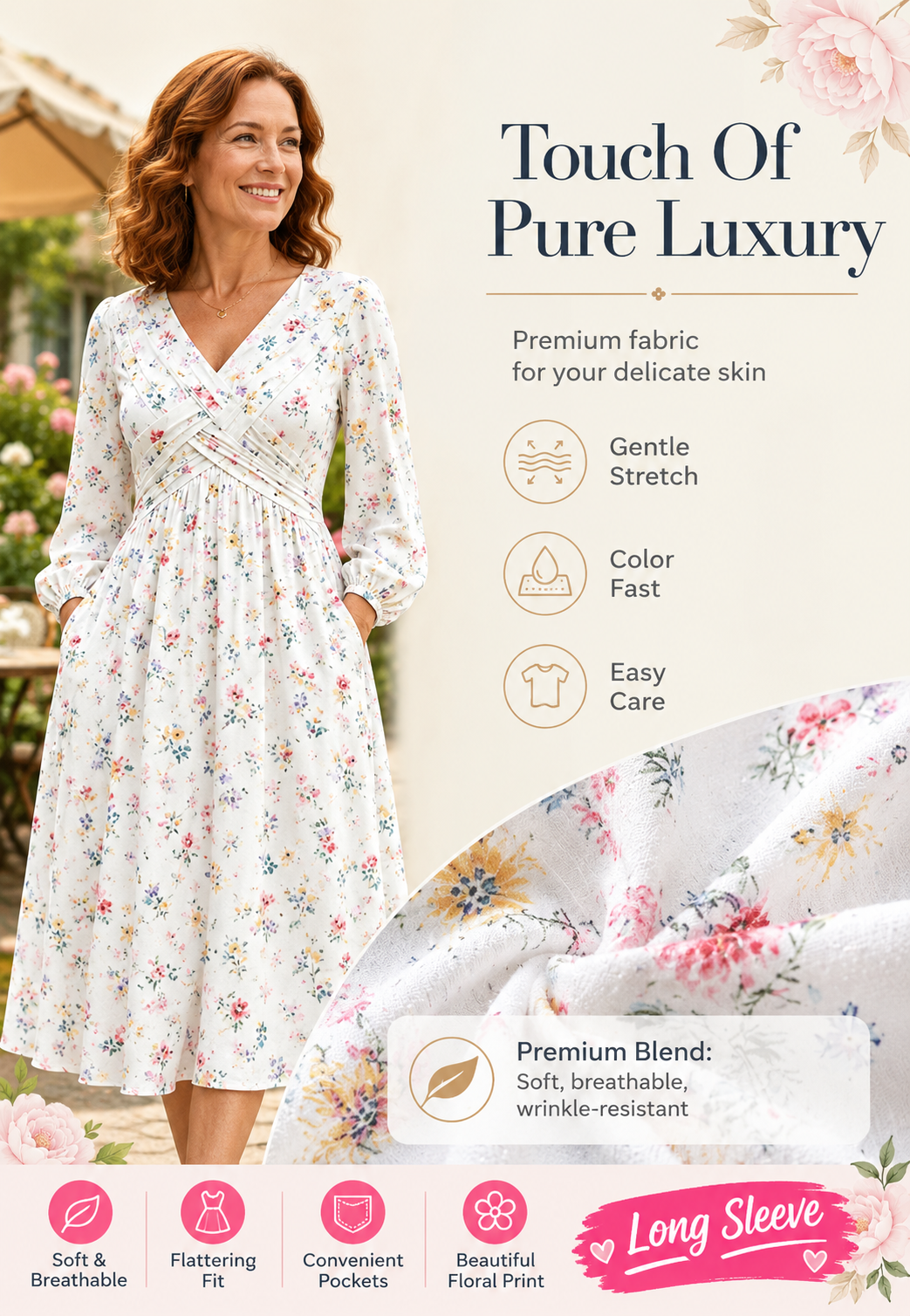 Floral V-neck dress with a twist at the waist-Long-sleeved with pockets