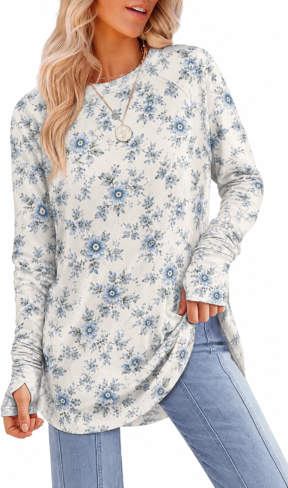 Womens Tunic Tops to Wear with Leggings Long Sleeve Thumb Crew Neck Curved Hem