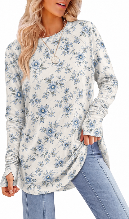 Womens Tunic Tops to Wear with Leggings Long Sleeve Thumb Crew Neck Curved Hem
