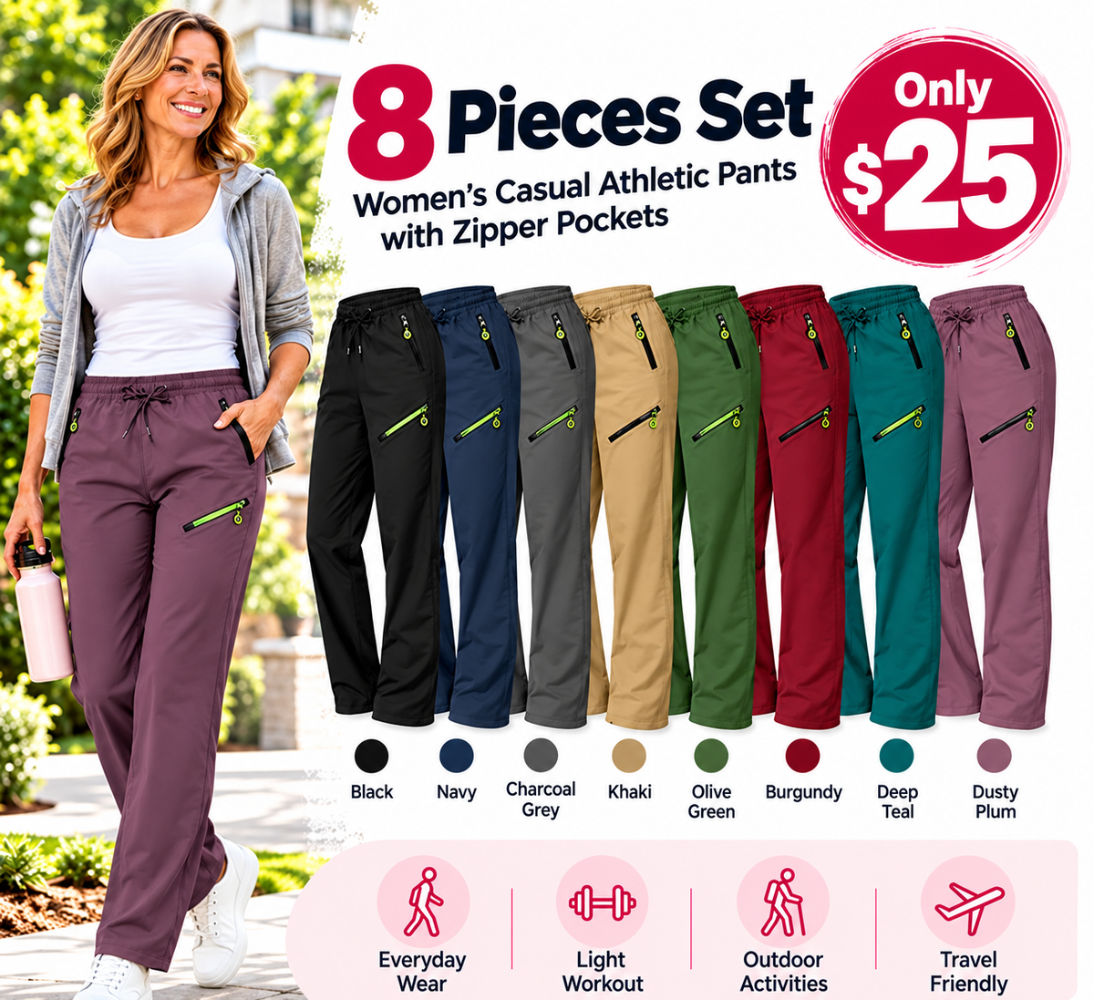 Women's Casual Athletic Pants with Zipper Pockets