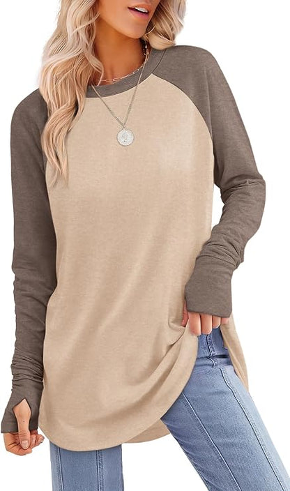 Womens Tunic Tops to Wear with Leggings Long Sleeve Thumb Crew Neck Curved Hem