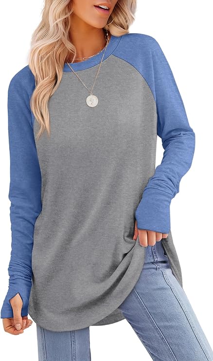 Womens Tunic Tops to Wear with Leggings Long Sleeve Thumb Crew Neck Curved Hem