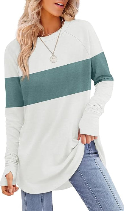 Womens Tunic Tops to Wear with Leggings Long Sleeve Thumb Crew Neck Curved Hem
