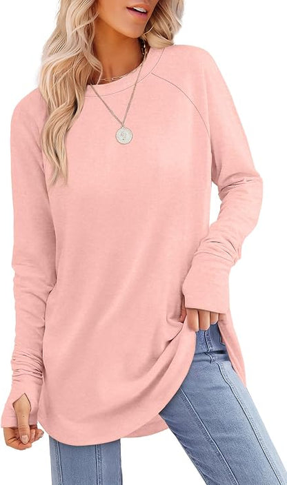 Womens Tunic Tops to Wear with Leggings Long Sleeve Thumb Crew Neck Curved Hem