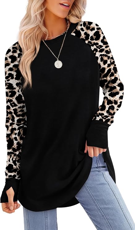 Womens Tunic Tops to Wear with Leggings Long Sleeve Thumb Crew Neck Curved Hem