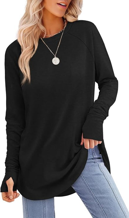 Womens Tunic Tops to Wear with Leggings Long Sleeve Thumb Crew Neck Curved Hem