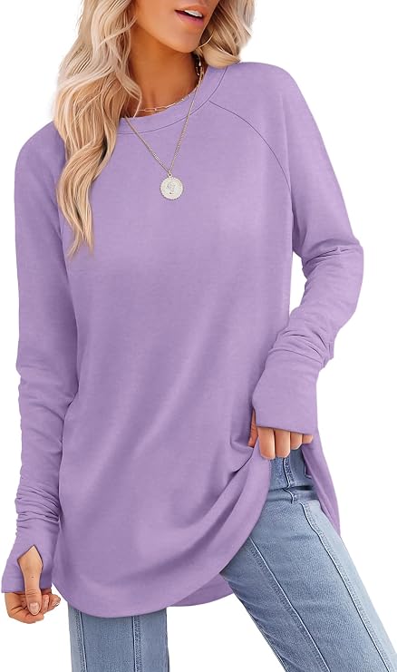 Womens Tunic Tops to Wear with Leggings Long Sleeve Thumb Crew Neck Curved Hem