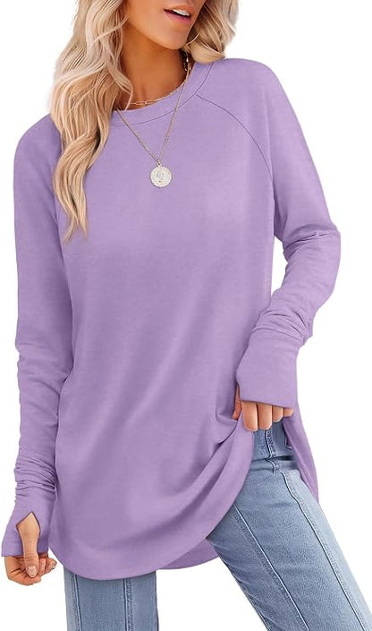 Womens Tunic Tops to Wear with Leggings Long Sleeve Thumb Crew Neck Curved Hem