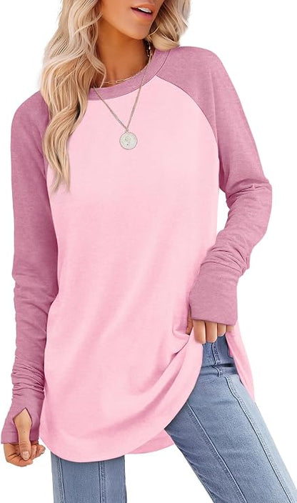 Womens Tunic Tops to Wear with Leggings Long Sleeve Thumb Crew Neck Curved Hem