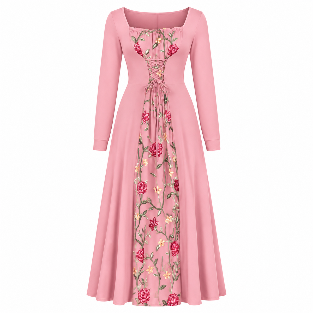 Women's Square-Neck Lace-Up Corset Maxi Dress