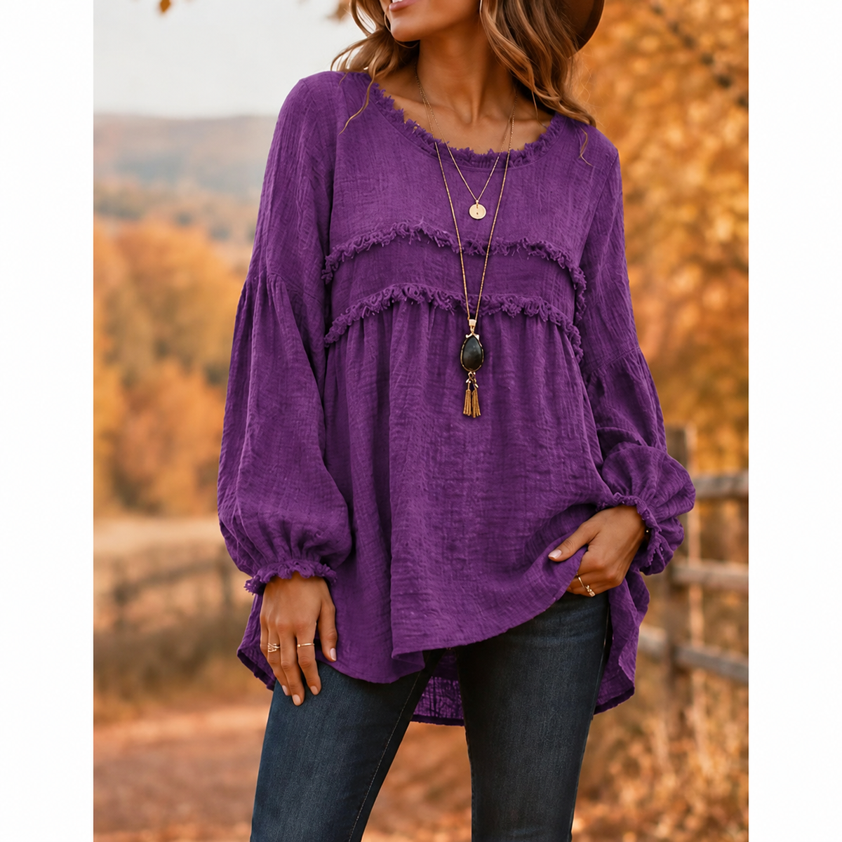 Women's Loose Fit Fringe Trim Top
