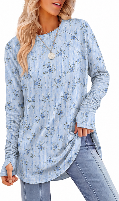 Womens Tunic Tops to Wear with Leggings Long Sleeve Thumb Crew Neck Curved Hem