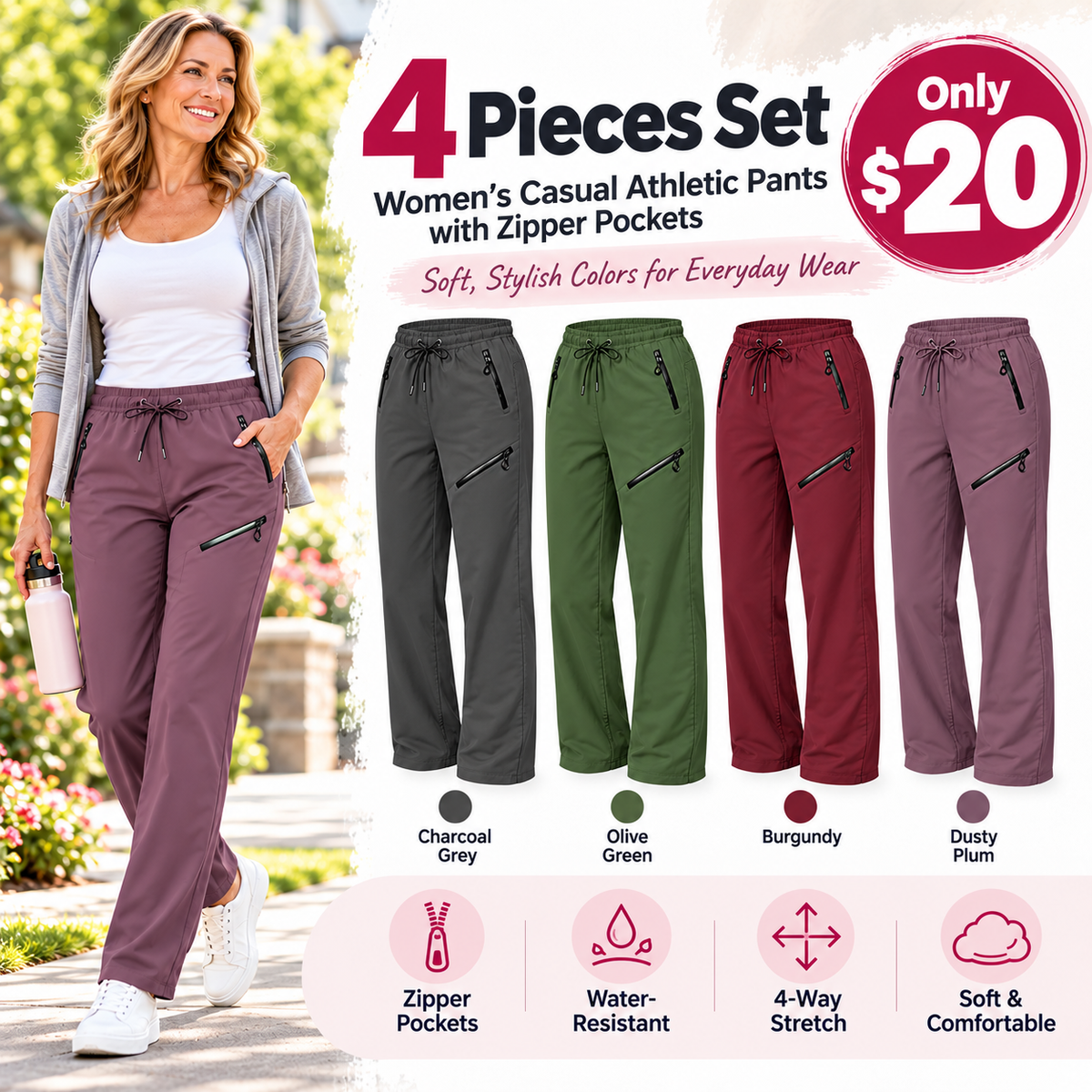 Women's Casual Athletic Pants with Zipper Pockets