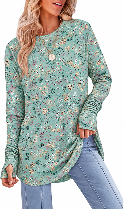 Womens Tunic Tops to Wear with Leggings Long Sleeve Thumb Crew Neck Curved Hem