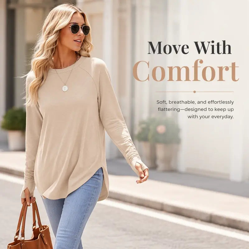 Womens Tunic Tops to Wear with Leggings Long Sleeve Thumb Crew Neck Curved Hem