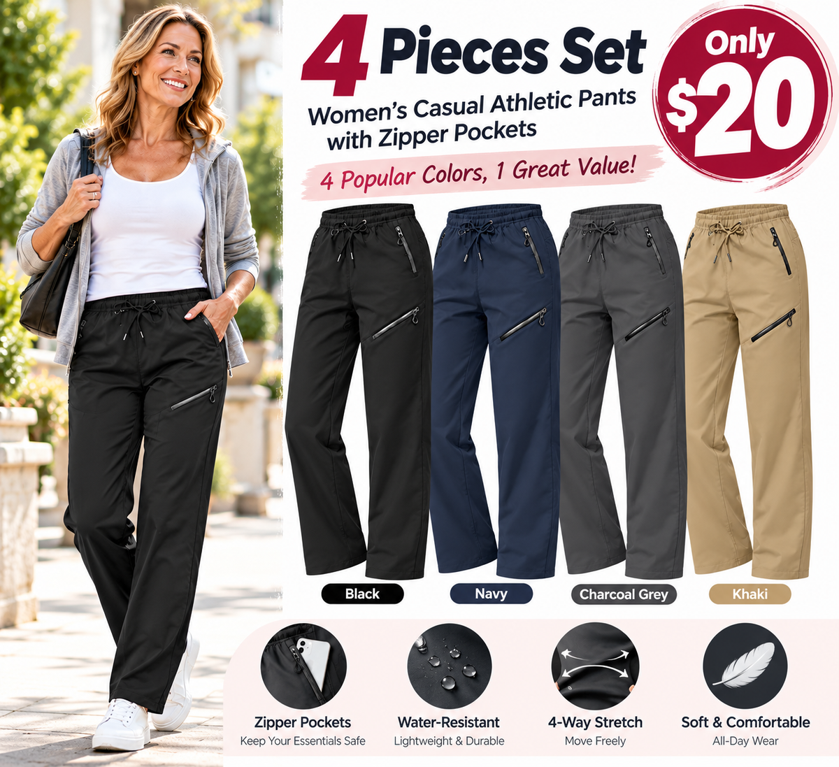 Women's Casual Athletic Pants with Zipper Pockets