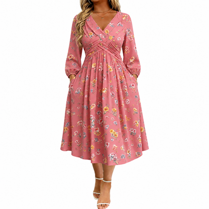 Floral V-neck dress with a twist at the waist-Long-sleeved with pockets