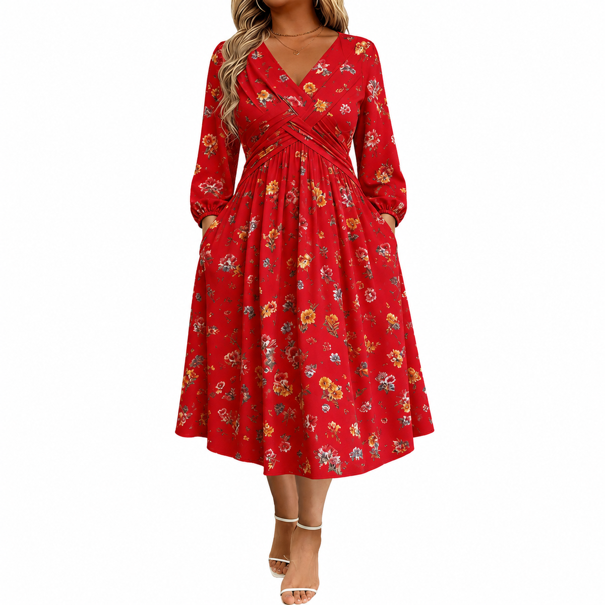 Floral V-neck dress with a twist at the waist-Long-sleeved with pockets