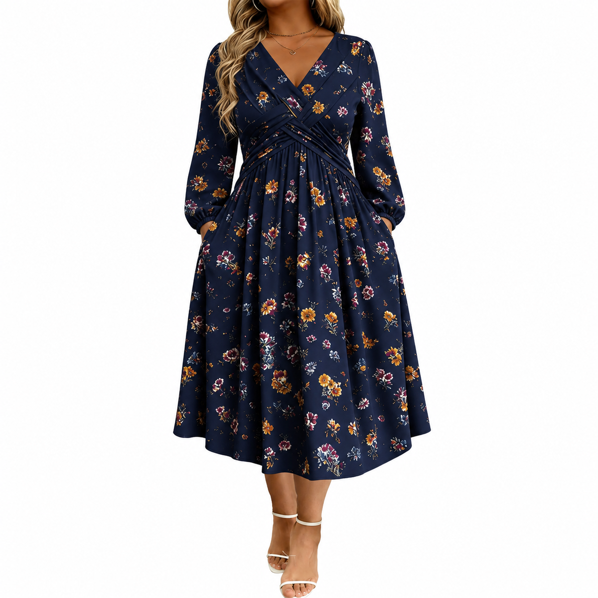 Floral V-neck dress with a twist at the waist-Long-sleeved with pockets