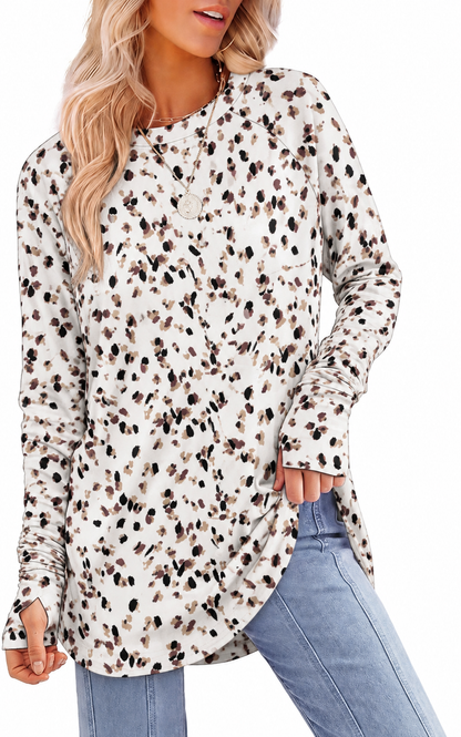 Womens Tunic Tops to Wear with Leggings Long Sleeve Thumb Crew Neck Curved Hem