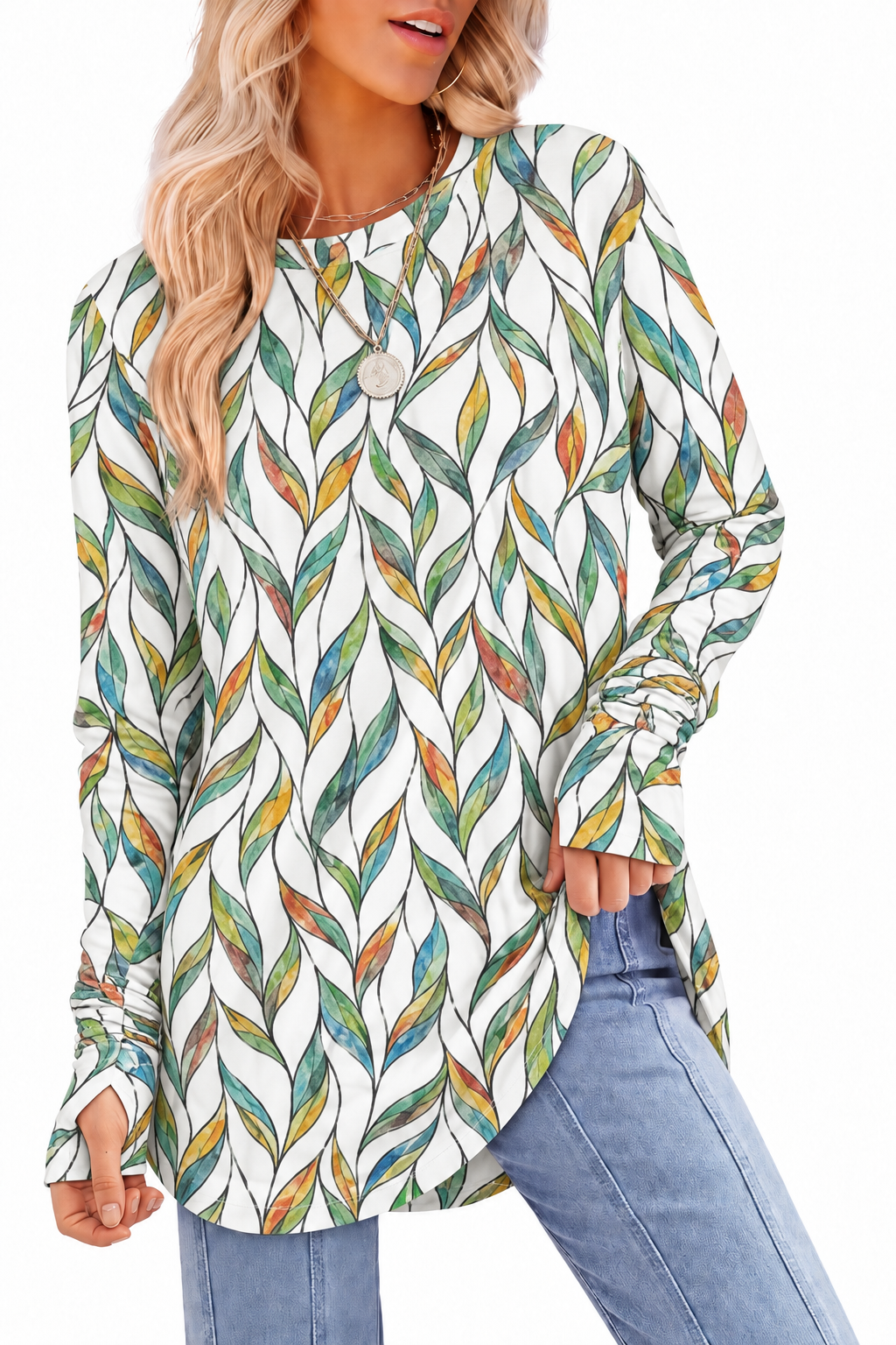 Womens Tunic Tops to Wear with Leggings Long Sleeve Thumb Crew Neck Curved Hem