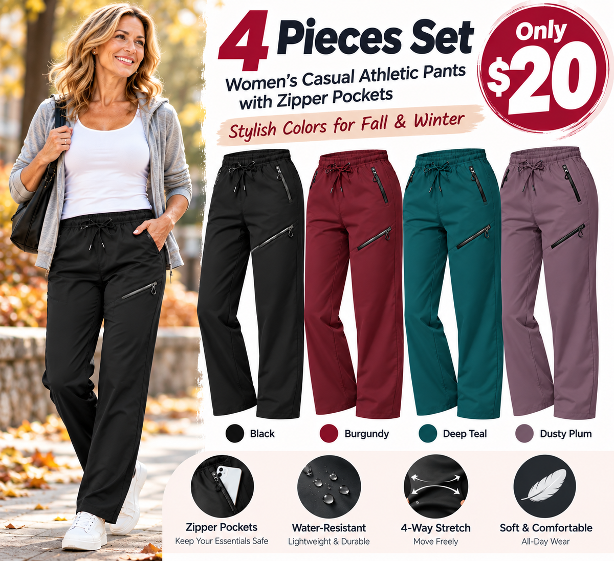 Women's Casual Athletic Pants with Zipper Pockets