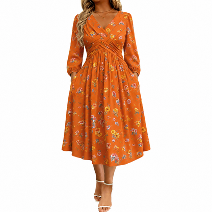 Floral V-neck dress with a twist at the waist-Long-sleeved with pockets