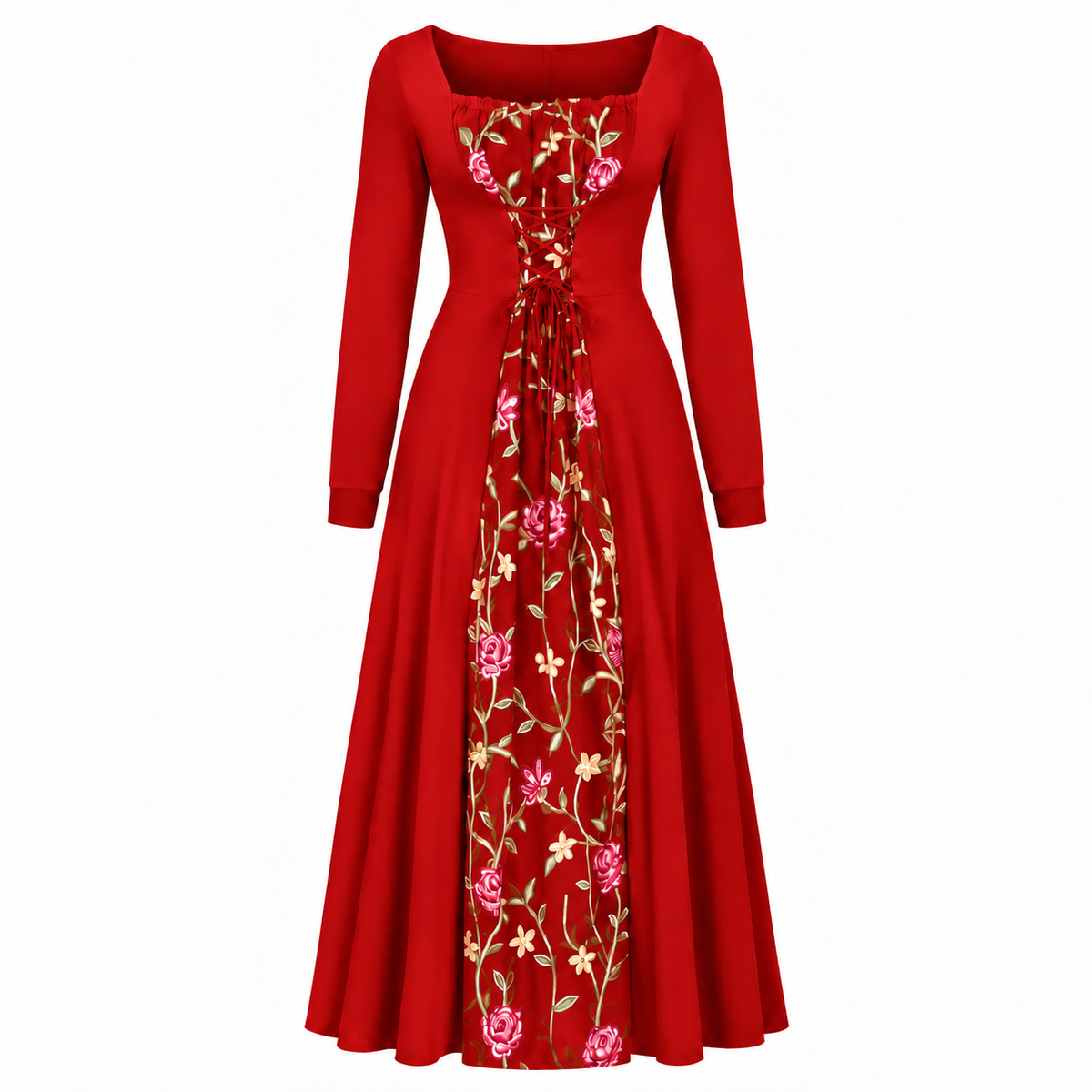 Women's Square-Neck Lace-Up Corset Maxi Dress
