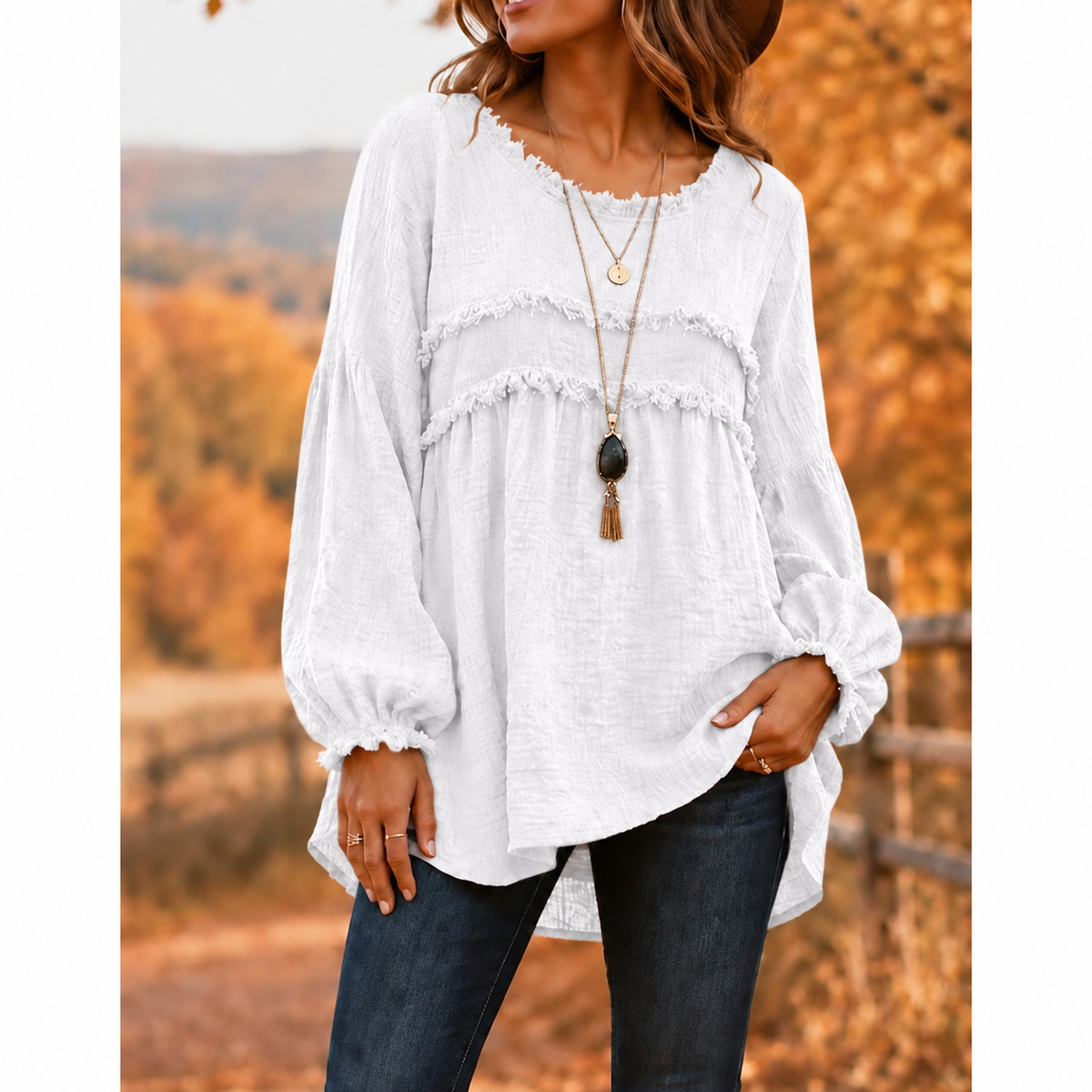 Women's Loose Fit Fringe Trim Top