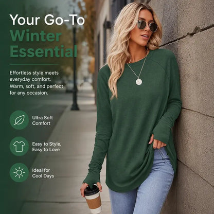 Womens Tunic Tops to Wear with Leggings Long Sleeve Thumb Crew Neck Curved Hem