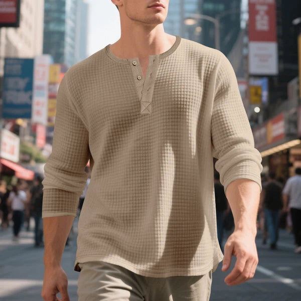 Men's Waffle Knit Long Sleeve Henley Shirt